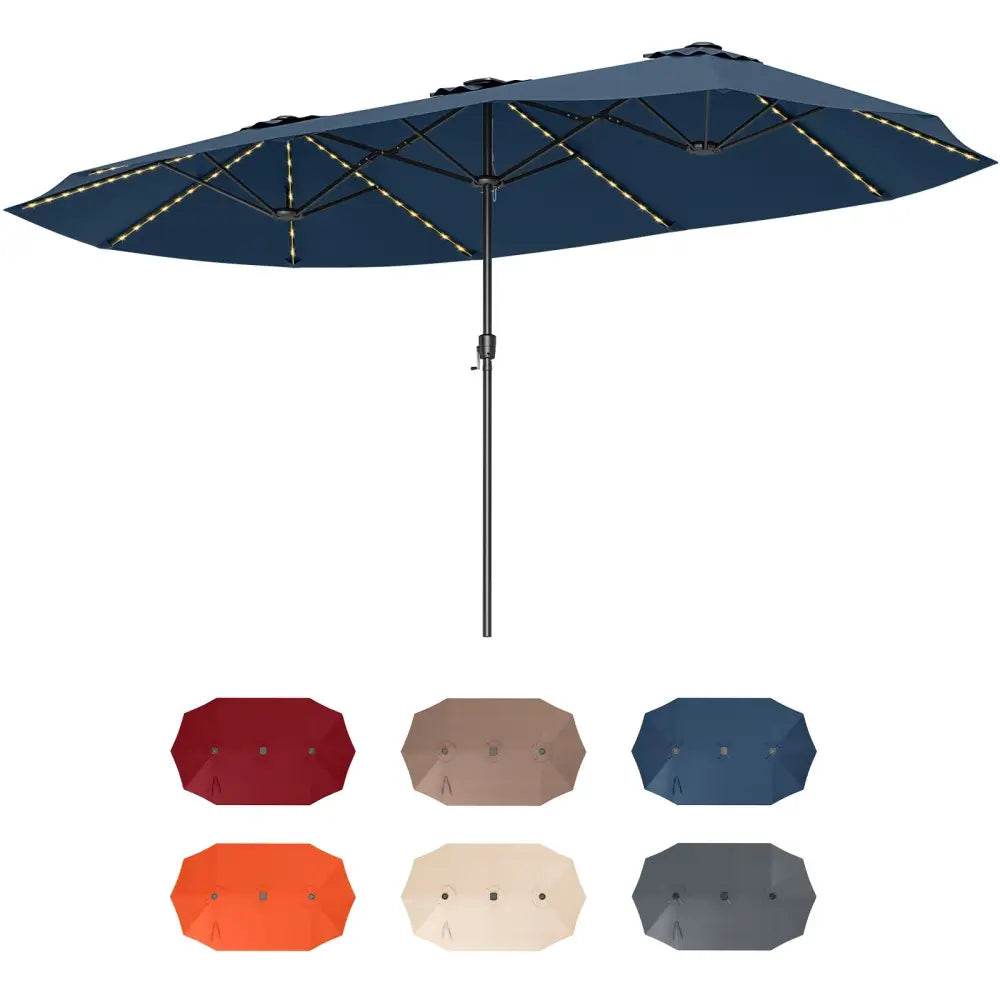 15.5 FT Extra-Large Patio Umbrella with LED Solar Lights and Crank Handle-Navy - Navy - Outdoor Umbrellas