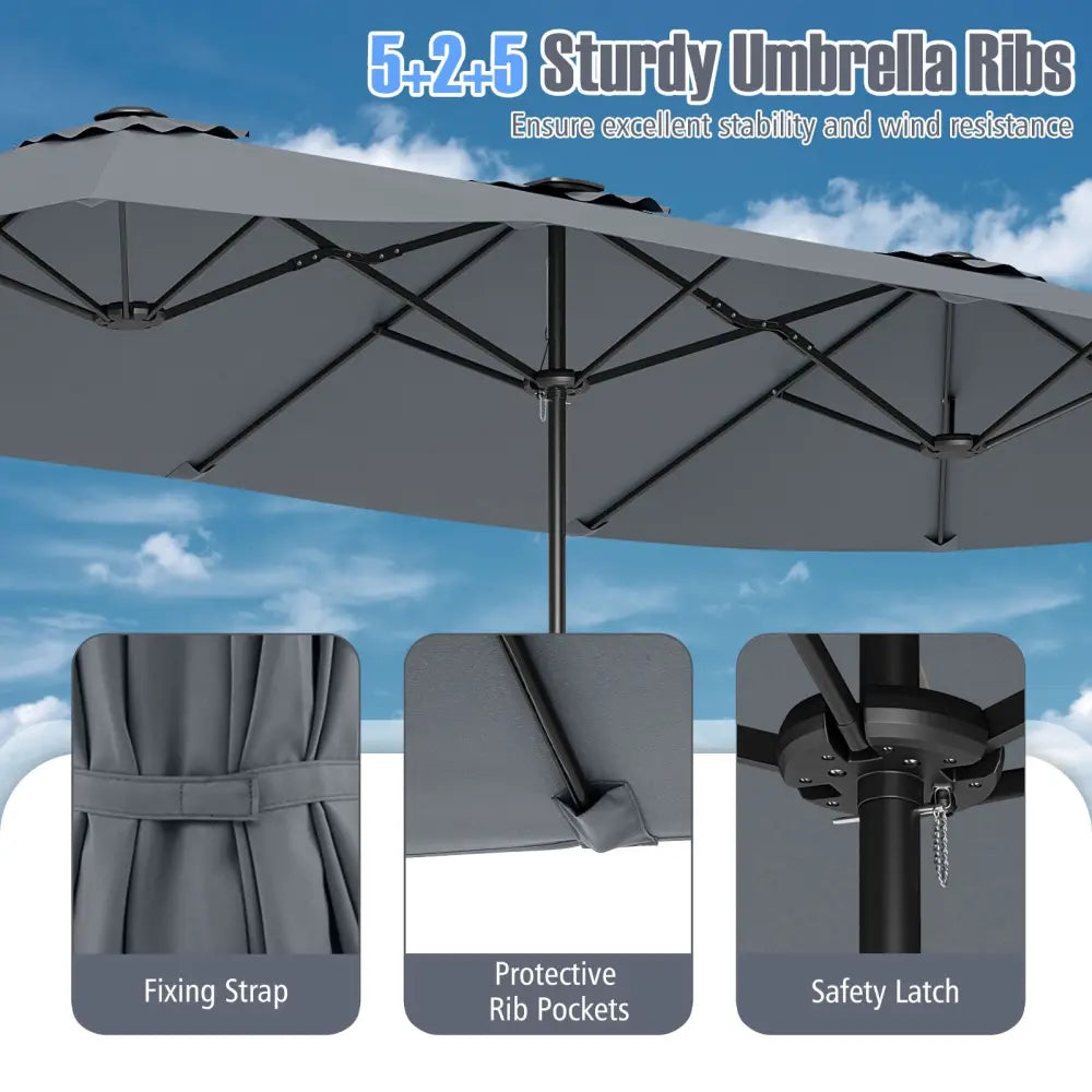 15.5 FT Extra-Large Patio Umbrella with LED Solar Lights and Crank Handle-Gray - Gray - Outdoor Umbrellas