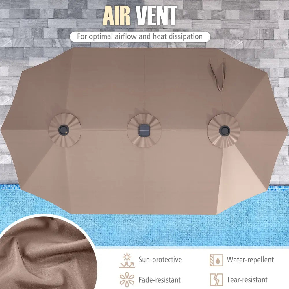 15.5 FT Extra-Large Patio Umbrella with LED Solar Lights and Crank Handle-Brown - Brown - Outdoor Umbrellas