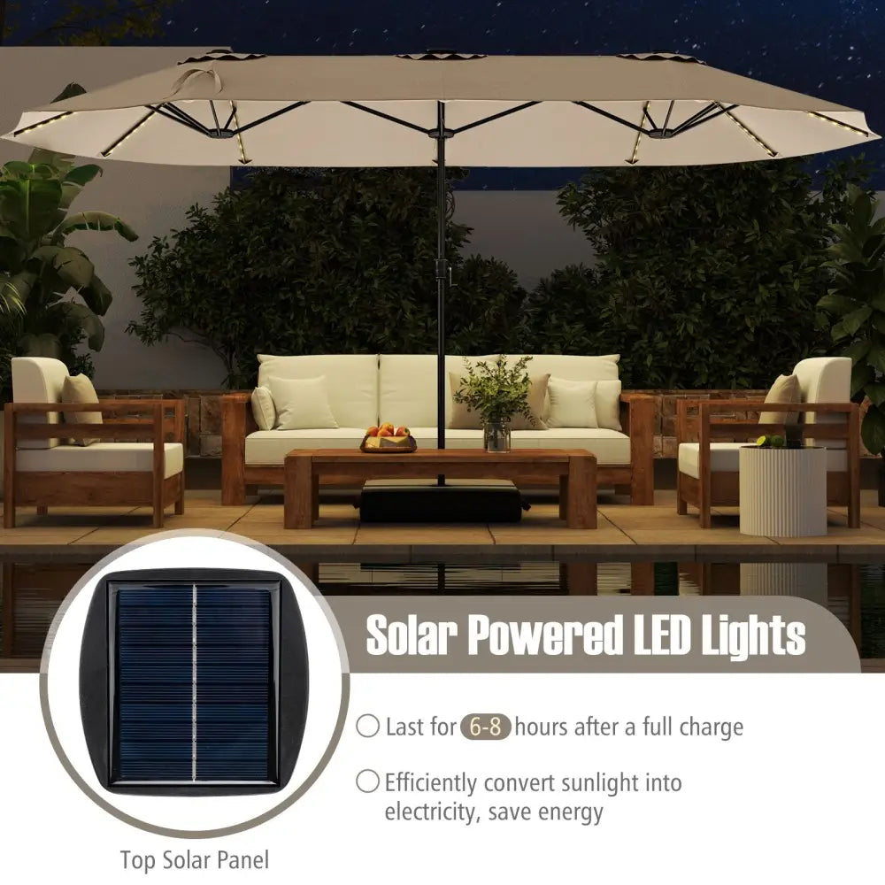15.5 FT Extra-Large Patio Umbrella with LED Solar Lights and Crank Handle-Beige - Beige - Outdoor Umbrellas