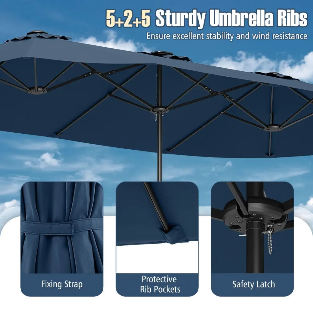 15.5 FT Extra-Large Patio Umbrella with LED Solar Lights and Crank Handle-Navy - Navy - Outdoor Umbrellas