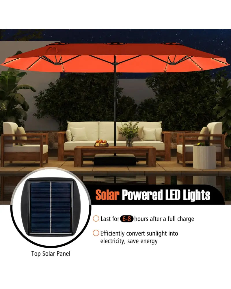15.5 FT Extra-Large Patio Umbrella with LED Solar Lights and Crank Handle-Orange - Orange - Outdoor Umbrellas