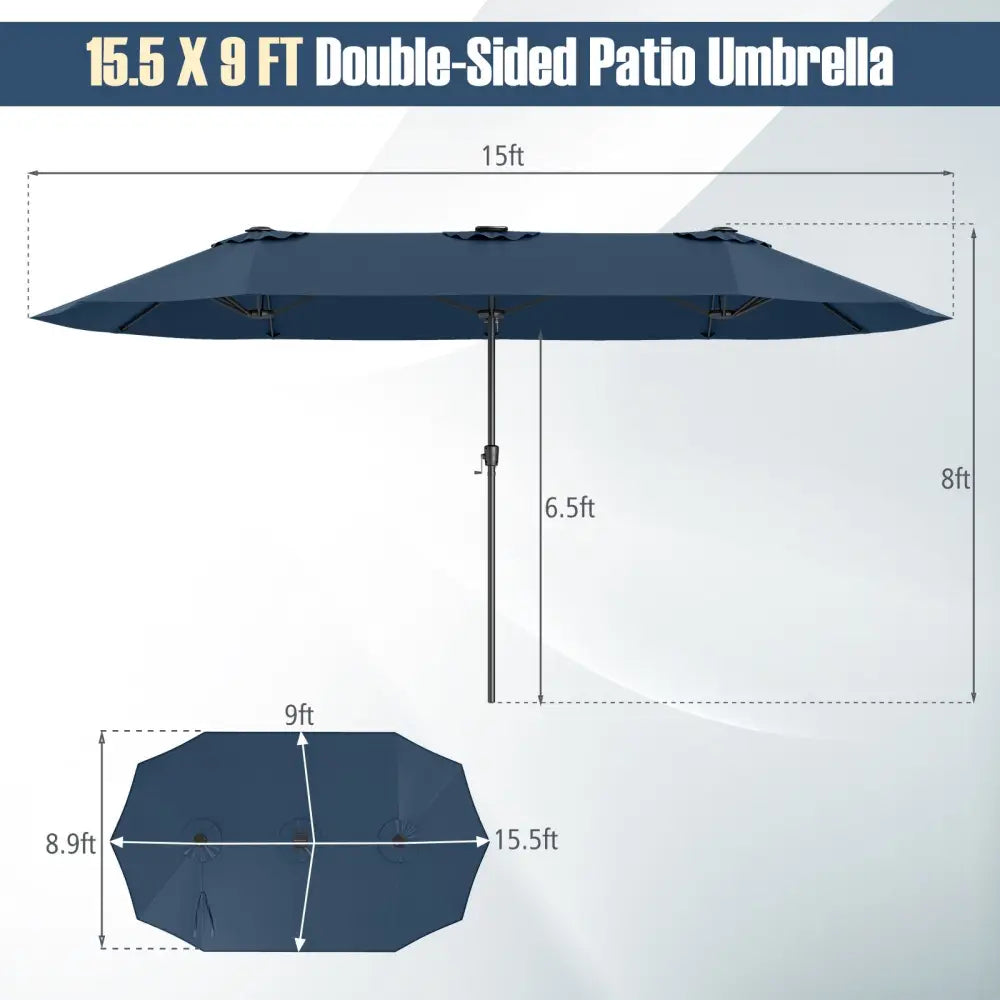 15.5 FT Extra-Large Patio Umbrella with LED Solar Lights and Crank Handle-Navy - Navy - Outdoor Umbrellas