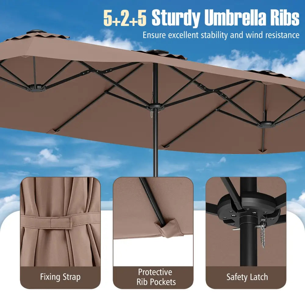 15.5 FT Extra-Large Patio Umbrella with LED Solar Lights and Crank Handle-Brown - Brown - Outdoor Umbrellas