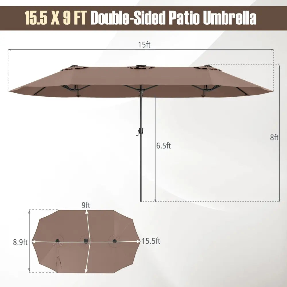 15.5 FT Extra-Large Patio Umbrella with LED Solar Lights and Crank Handle-Brown - Brown - Outdoor Umbrellas