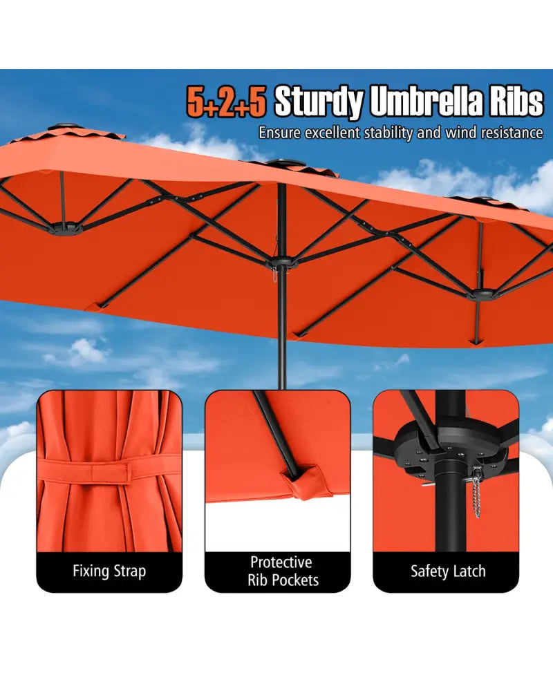 15.5 FT Extra-Large Patio Umbrella with LED Solar Lights and Crank Handle-Orange - Orange - Outdoor Umbrellas