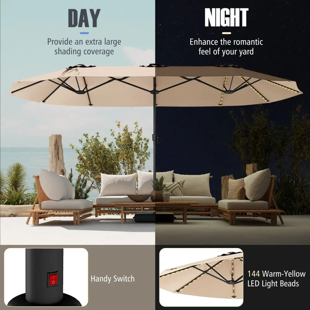 15.5 FT Extra-Large Patio Umbrella with LED Solar Lights and Crank Handle-Beige - Beige - Outdoor Umbrellas