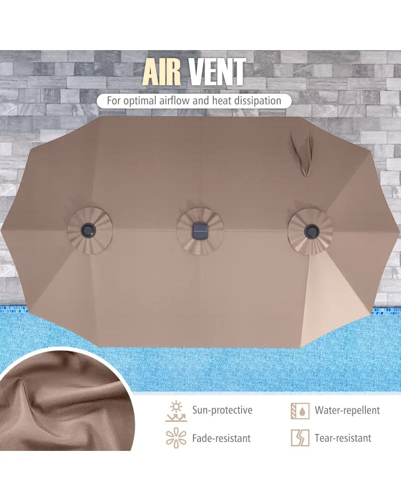 15.5 FT Extra-Large Patio Umbrella with LED Solar Lights and Crank Handle-Brown - Brown - Outdoor Umbrellas