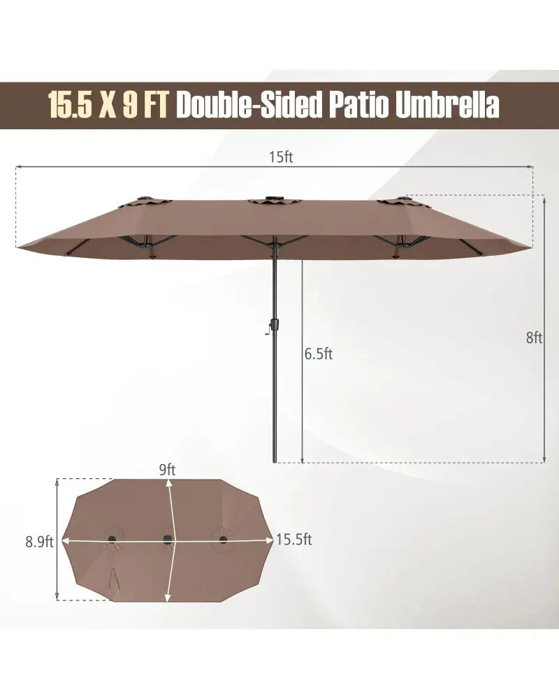 15.5 FT Extra-Large Patio Umbrella with LED Solar Lights and Crank Handle-Brown - Brown - Outdoor Umbrellas