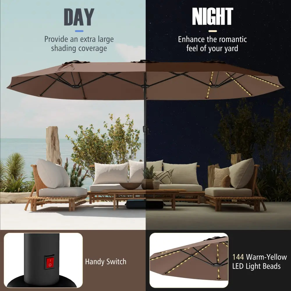 15.5 FT Extra-Large Patio Umbrella with LED Solar Lights and Crank Handle-Brown - Brown - Outdoor Umbrellas