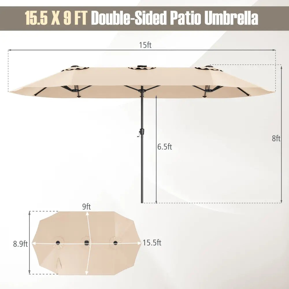 15.5 FT Extra-Large Patio Umbrella with LED Solar Lights and Crank Handle-Beige - Beige - Outdoor Umbrellas