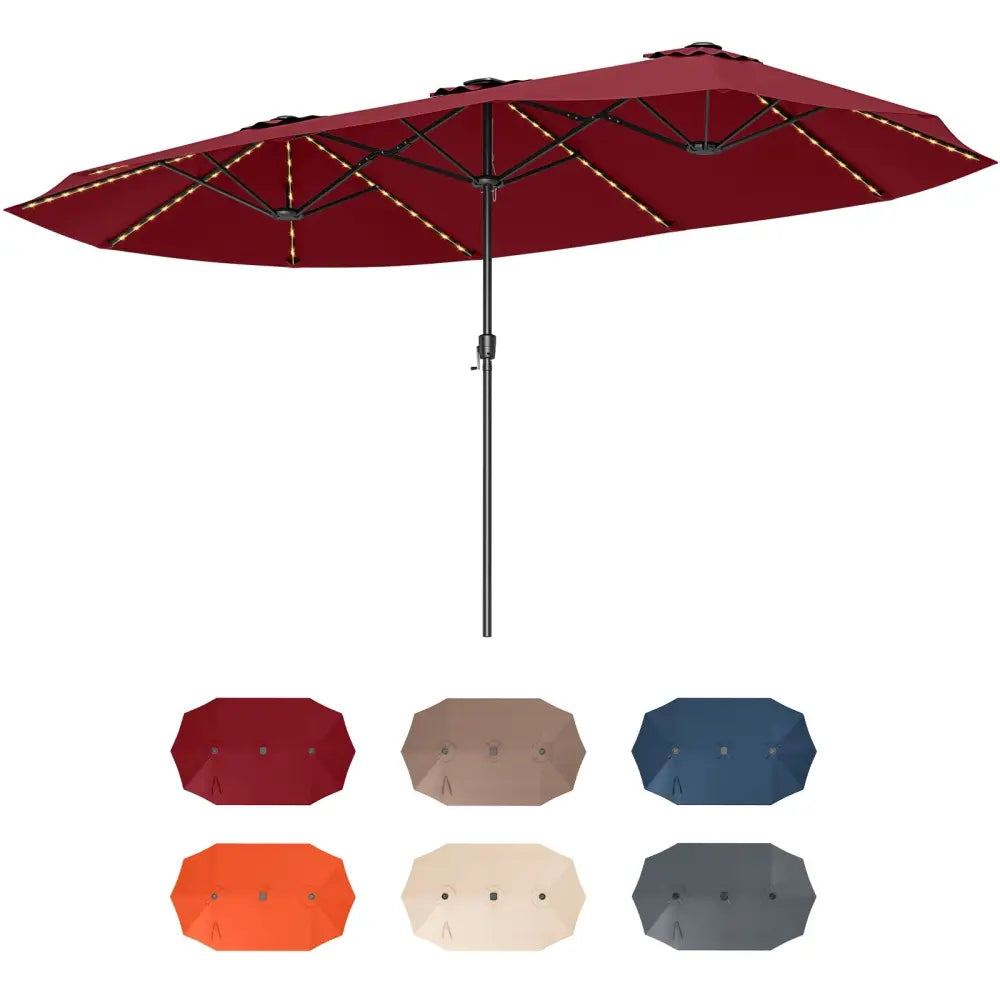 15.5 FT Extra-Large Patio Umbrella with LED Solar Lights and Crank Handle-Red - Red - Outdoor Umbrellas