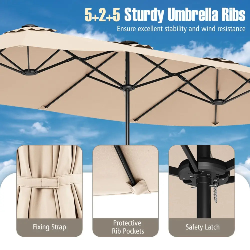 15.5 FT Extra-Large Patio Umbrella with LED Solar Lights and Crank Handle-Beige - Beige - Outdoor Umbrellas