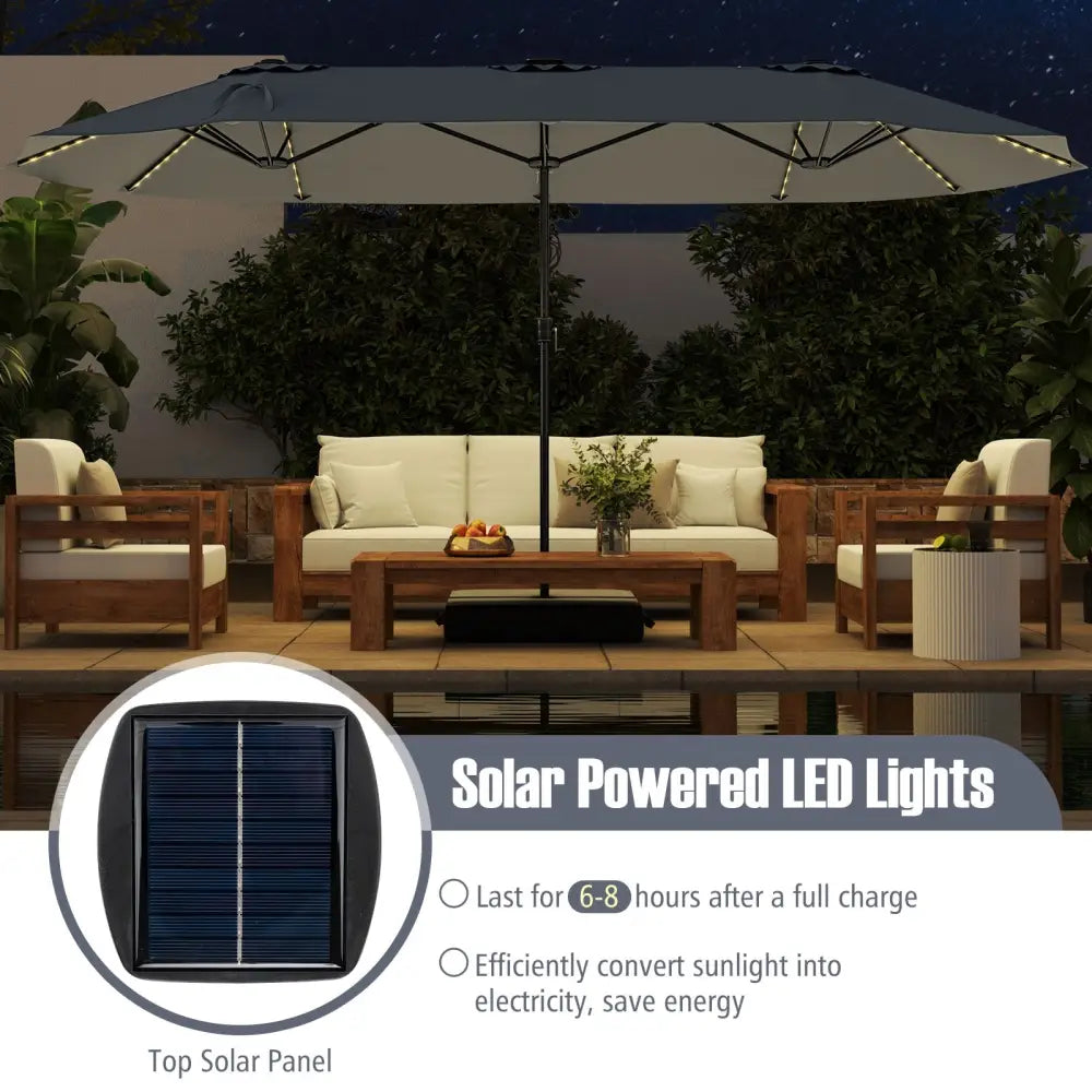 15.5 FT Extra-Large Patio Umbrella with LED Solar Lights and Crank Handle-Gray - Gray - Outdoor Umbrellas