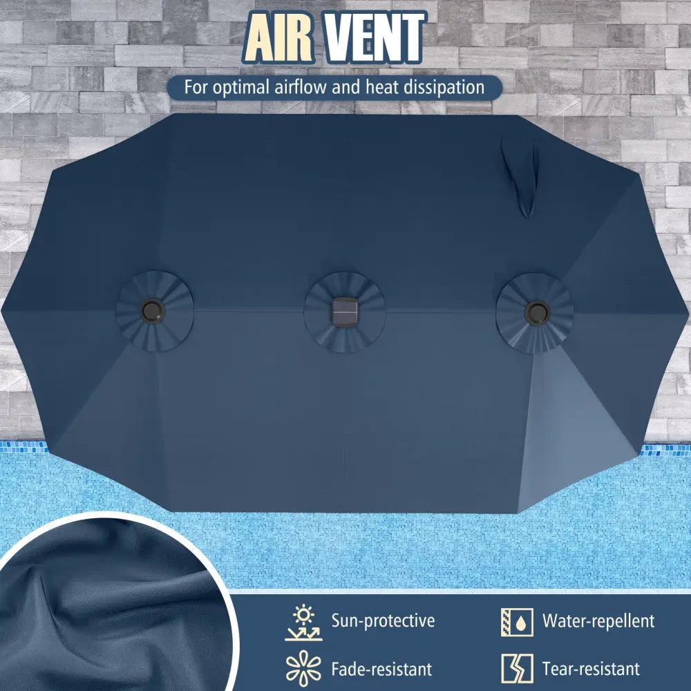 15.5 FT Extra-Large Patio Umbrella with LED Solar Lights and Crank Handle-Navy - Navy - Outdoor Umbrellas