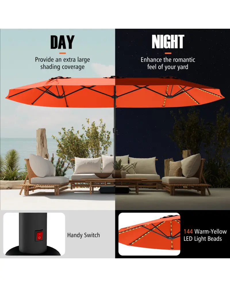 15.5 FT Extra-Large Patio Umbrella with LED Solar Lights and Crank Handle-Orange - Orange - Outdoor Umbrellas