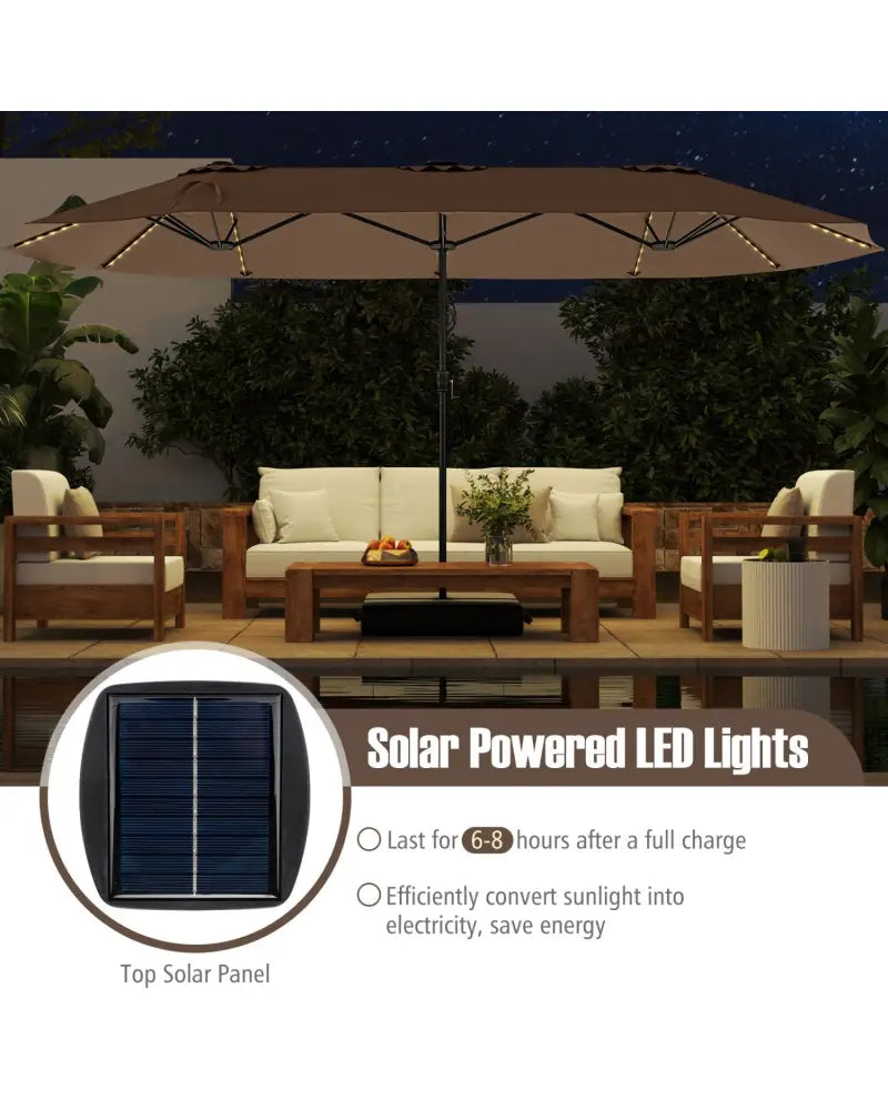15.5 FT Extra-Large Patio Umbrella with LED Solar Lights and Crank Handle-Brown - Brown - Outdoor Umbrellas