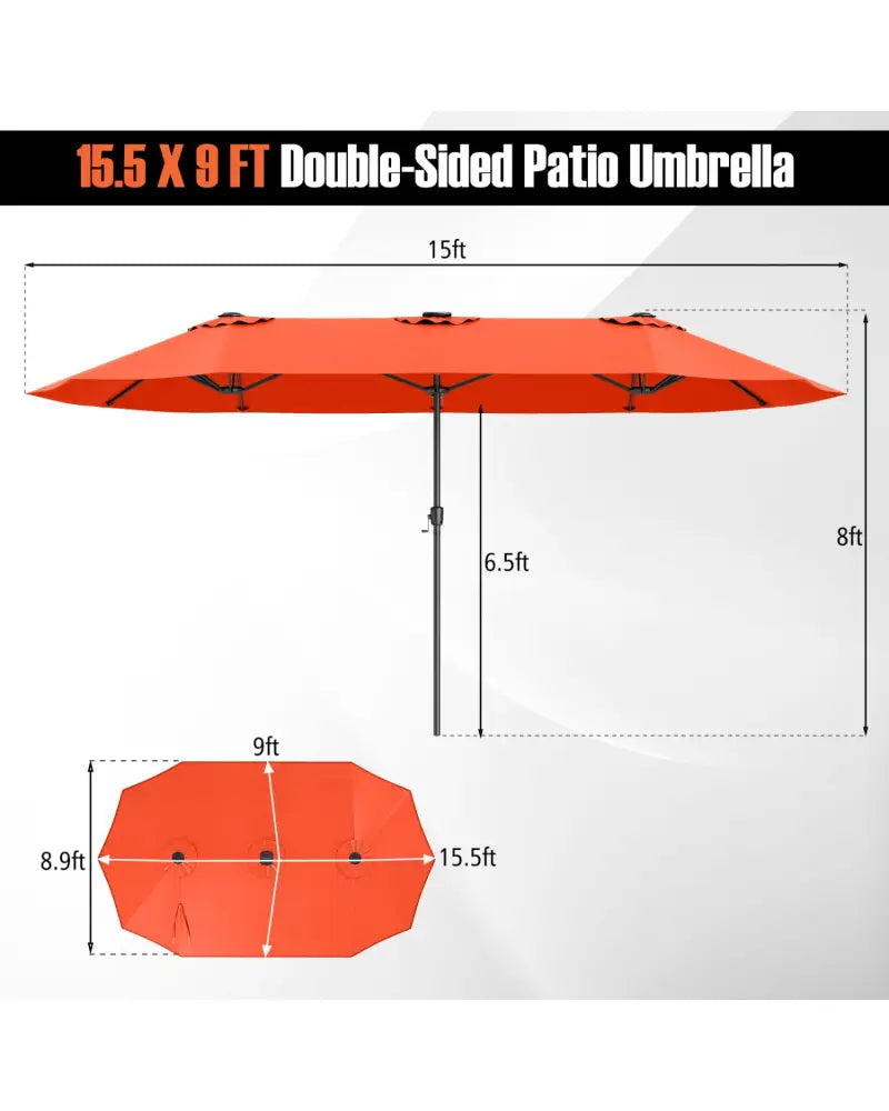 15.5 FT Extra-Large Patio Umbrella with LED Solar Lights and Crank Handle-Orange - Orange - Outdoor Umbrellas