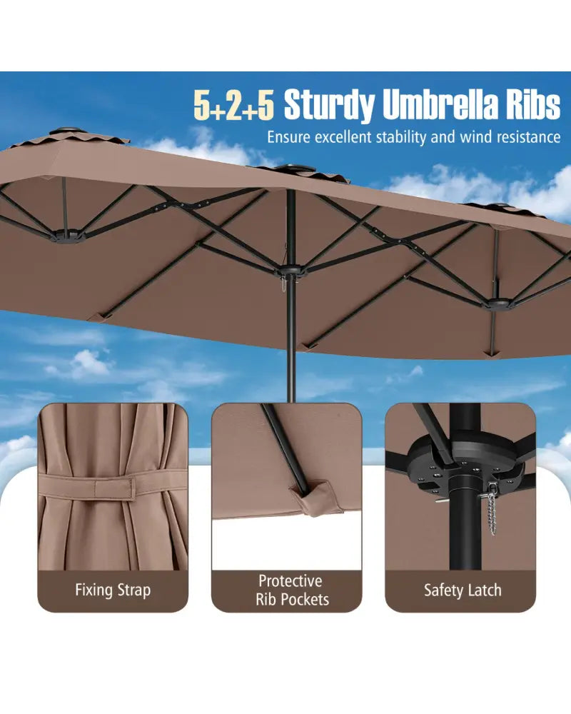 15.5 FT Extra-Large Patio Umbrella with LED Solar Lights and Crank Handle-Brown - Brown - Outdoor Umbrellas