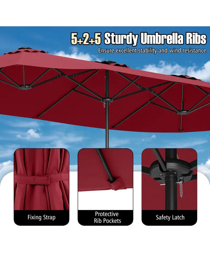 15.5 FT Extra-Large Patio Umbrella with LED Solar Lights and Crank Handle-Red - Red - Outdoor Umbrellas