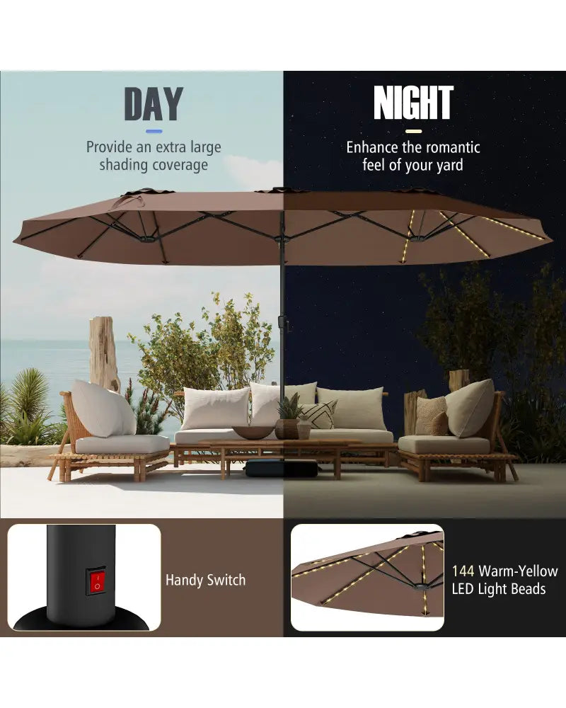15.5 FT Extra-Large Patio Umbrella with LED Solar Lights and Crank Handle-Brown - Brown - Outdoor Umbrellas