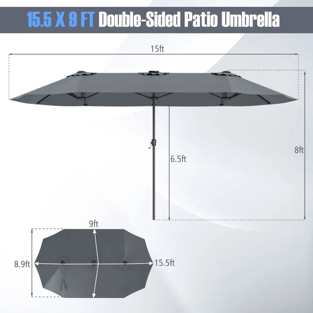 15.5 FT Extra-Large Patio Umbrella with LED Solar Lights and Crank Handle-Gray - Gray - Outdoor Umbrellas