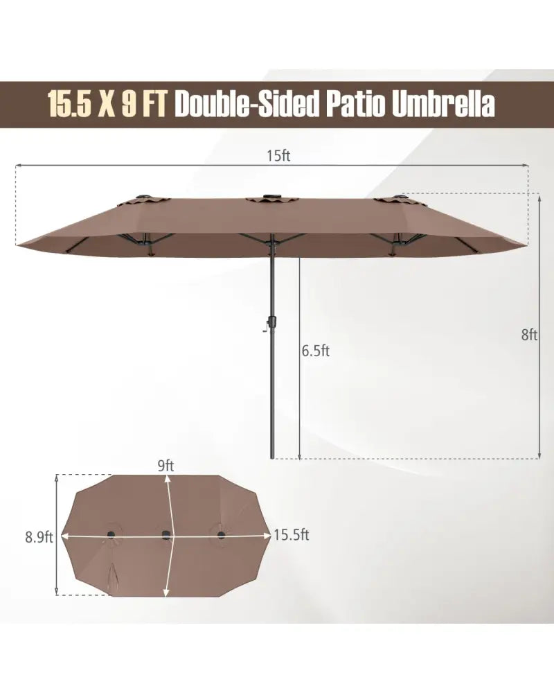 15.5 FT Extra-Large Patio Umbrella with LED Solar Lights and Crank Handle-Brown - Brown - Outdoor Umbrellas