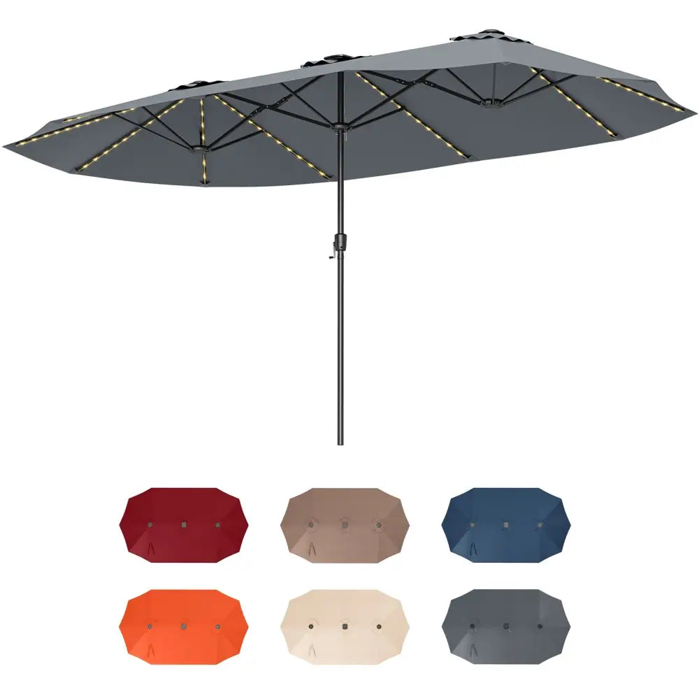 15.5 FT Extra-Large Patio Umbrella with LED Solar Lights and Crank Handle-Gray - Gray - Outdoor Umbrellas