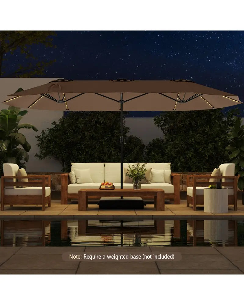 15.5 FT Extra-Large Patio Umbrella with LED Solar Lights and Crank Handle-Brown - Brown - Outdoor Umbrellas