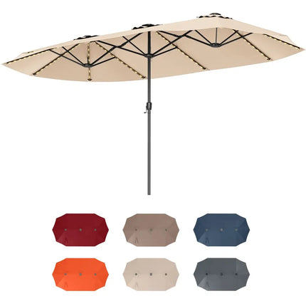 15.5 FT Extra-Large Patio Umbrella with LED Solar Lights and Crank Handle-Beige - Beige - Outdoor Umbrellas