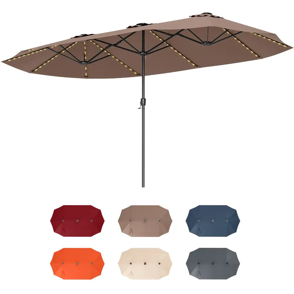 15.5 FT Extra-Large Patio Umbrella with LED Solar Lights and Crank Handle-Brown - Brown - Outdoor Umbrellas