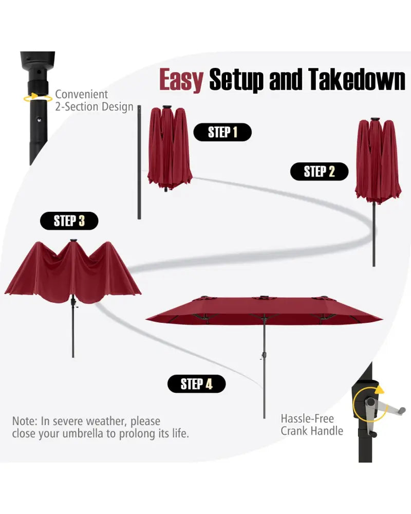 15.5 FT Extra-Large Patio Umbrella with LED Solar Lights and Crank Handle-Red - Red - Outdoor Umbrellas