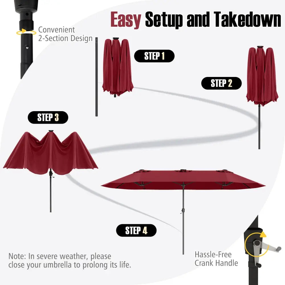 15.5 FT Extra-Large Patio Umbrella with LED Solar Lights and Crank Handle-Red - Red - Outdoor Umbrellas