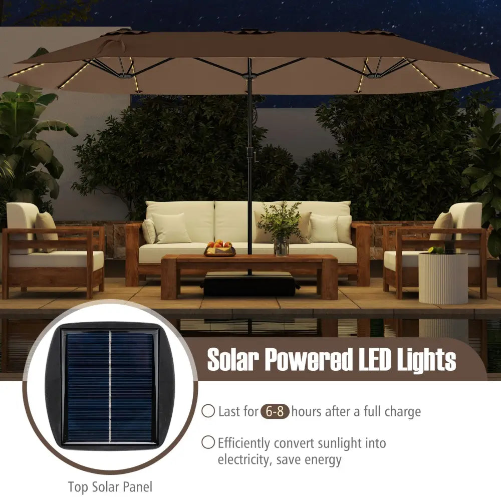 15.5 FT Extra-Large Patio Umbrella with LED Solar Lights and Crank Handle-Brown - Brown - Outdoor Umbrellas