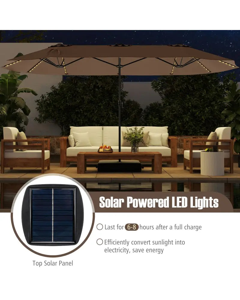 15.5 FT Extra-Large Patio Umbrella with LED Solar Lights and Crank Handle-Brown - Brown - Outdoor Umbrellas
