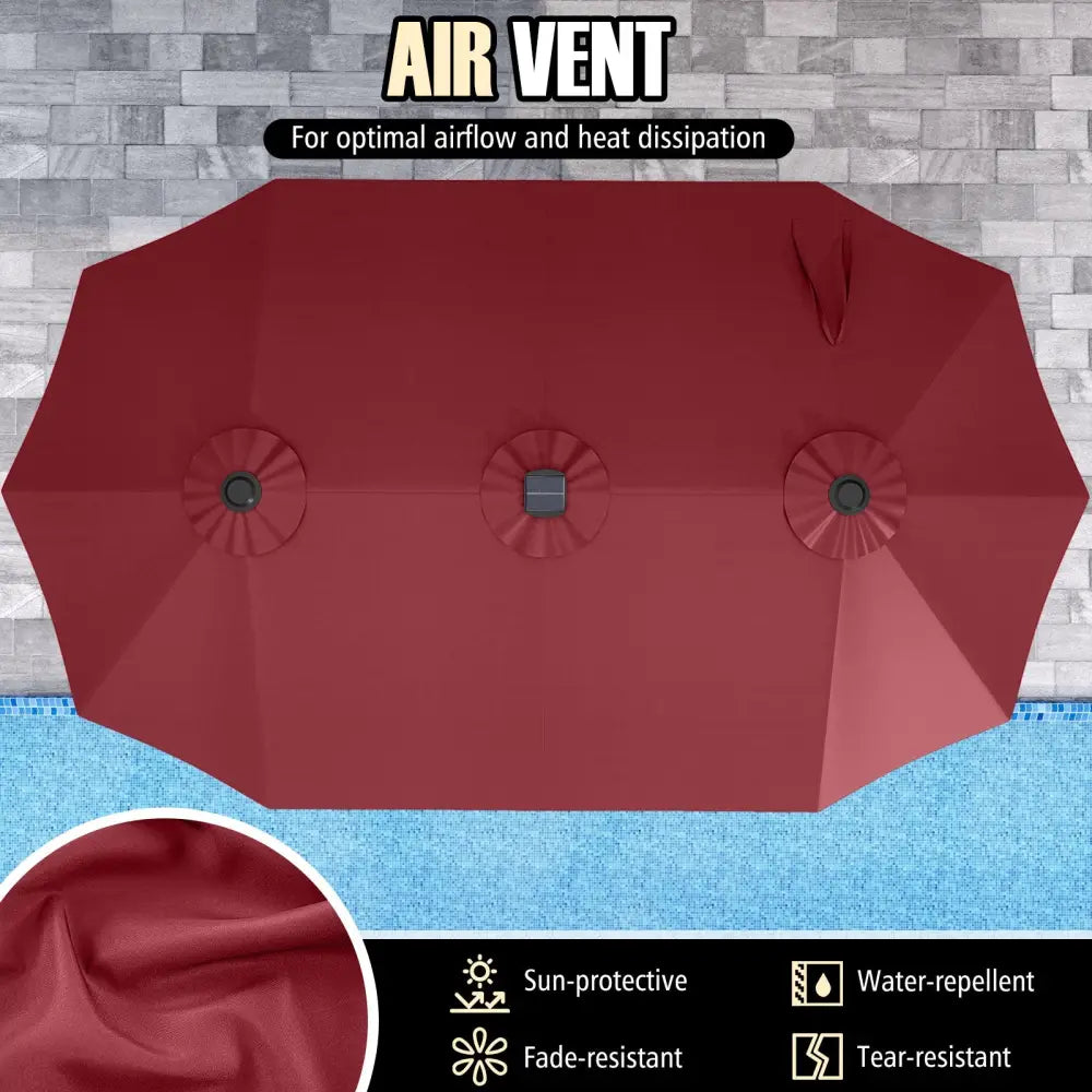 15.5 FT Extra-Large Patio Umbrella with LED Solar Lights and Crank Handle-Red - Red - Outdoor Umbrellas