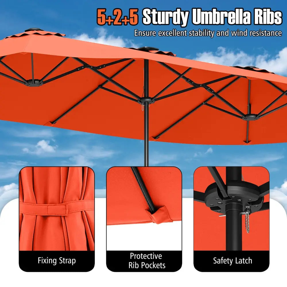 15.5 FT Extra-Large Patio Umbrella with LED Solar Lights and Crank Handle-Orange - Orange - Outdoor Umbrellas