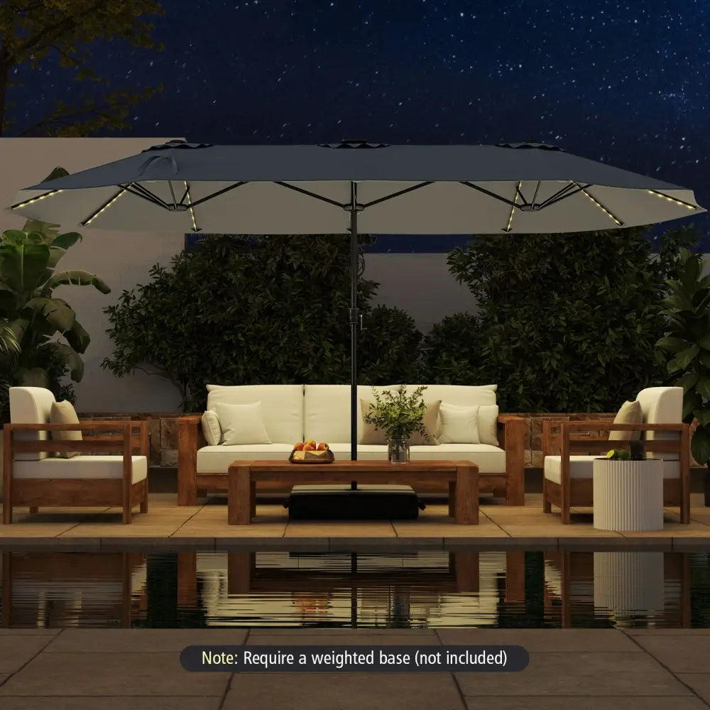 15.5 FT Extra-Large Patio Umbrella with LED Solar Lights and Crank Handle-Gray - Gray - Outdoor Umbrellas