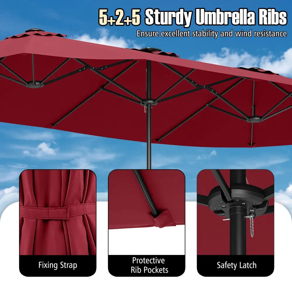 15.5 FT Extra-Large Patio Umbrella with LED Solar Lights and Crank Handle-Red - Red - Outdoor Umbrellas