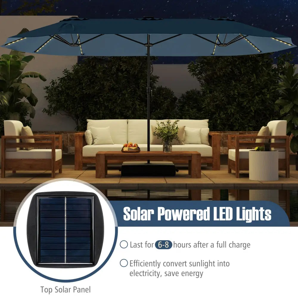 15.5 FT Extra-Large Patio Umbrella with LED Solar Lights and Crank Handle-Navy - Navy - Outdoor Umbrellas