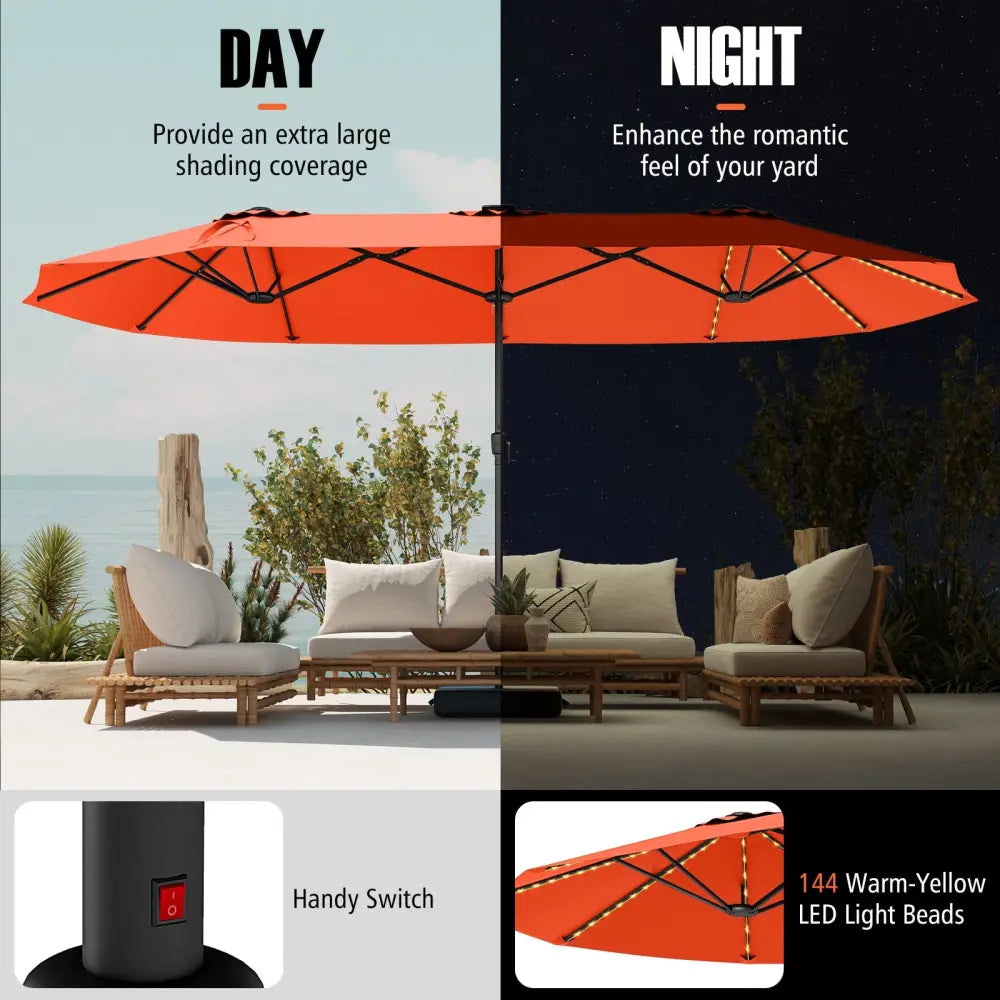 15.5 FT Extra-Large Patio Umbrella with LED Solar Lights and Crank Handle-Orange - Orange - Outdoor Umbrellas
