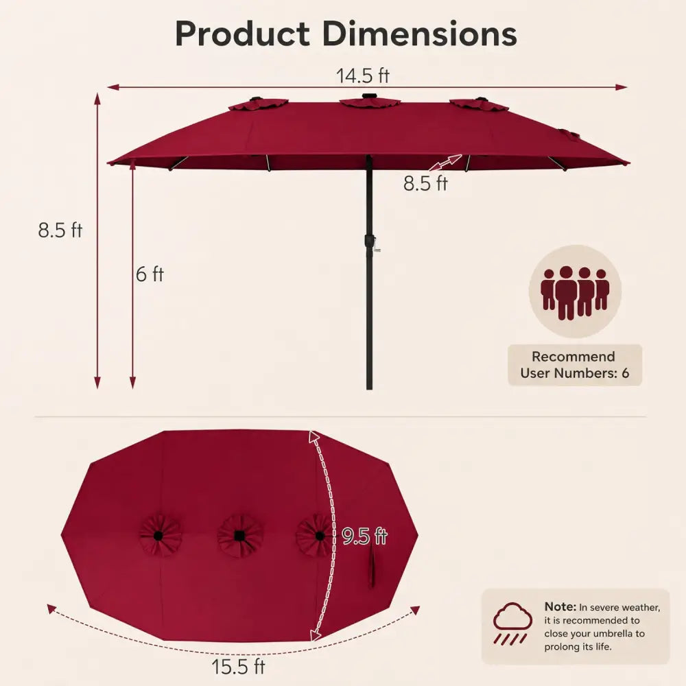 15.5FT Extra-Large Patio Umbrella 12 Reinforced Metal Ribs-Red - Red - Outdoor Umbrellas