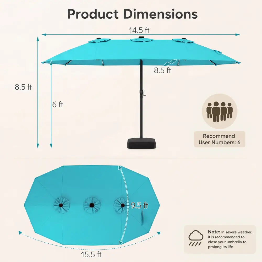 15.5FT Extra-Large Patio Umbrella with Base 12 Reinforced Ribs-Turquoise - Turquoise - Outdoor Umbrellas