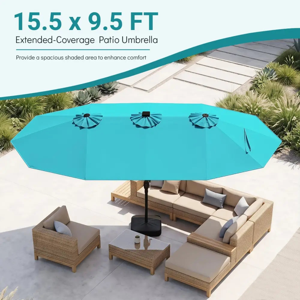 15.5FT Extra-Large Patio Umbrella with Base 12 Reinforced Ribs-Turquoise - Turquoise - Outdoor Umbrellas