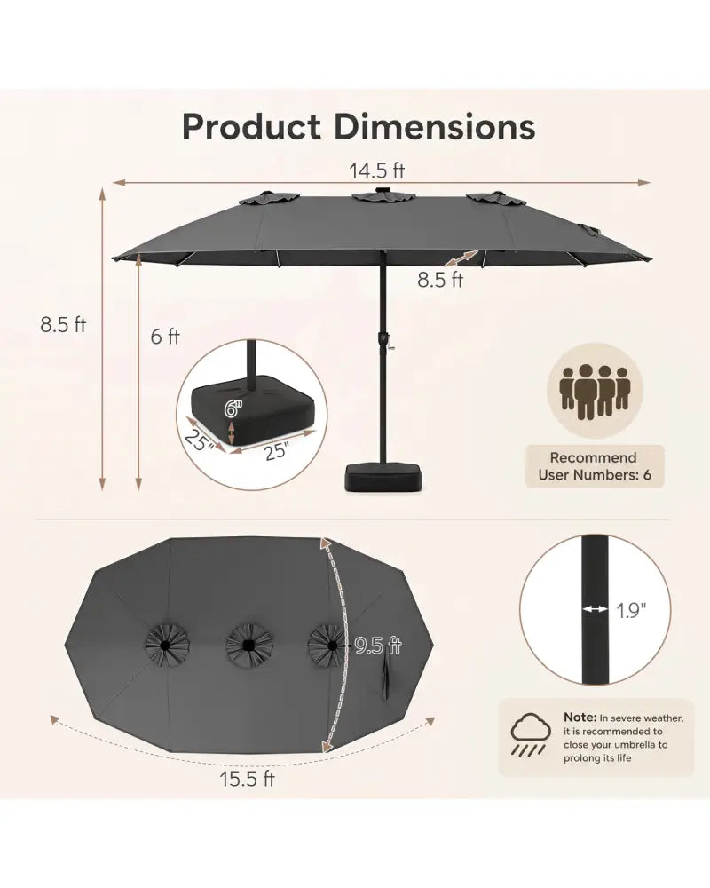 15.5FT Extra-Large Patio Umbrella with Base 12 Reinforced Ribs-Gray - Gray - Outdoor Umbrellas