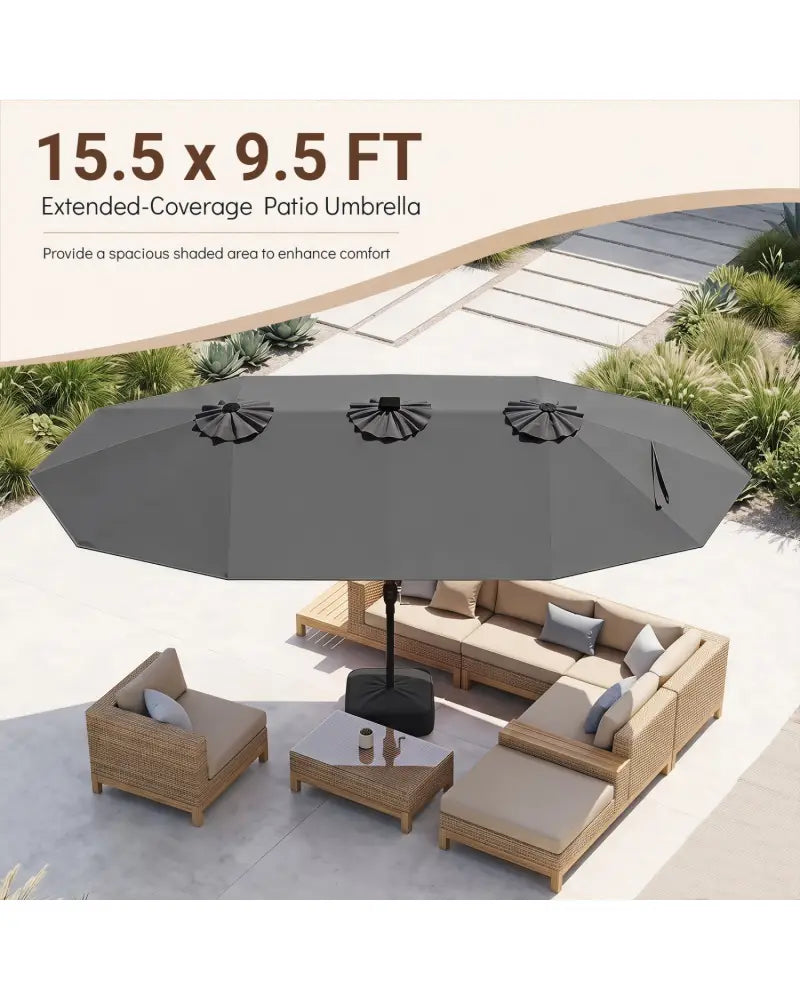 15.5FT Extra-Large Patio Umbrella with Base 12 Reinforced Ribs-Gray - Gray - Outdoor Umbrellas