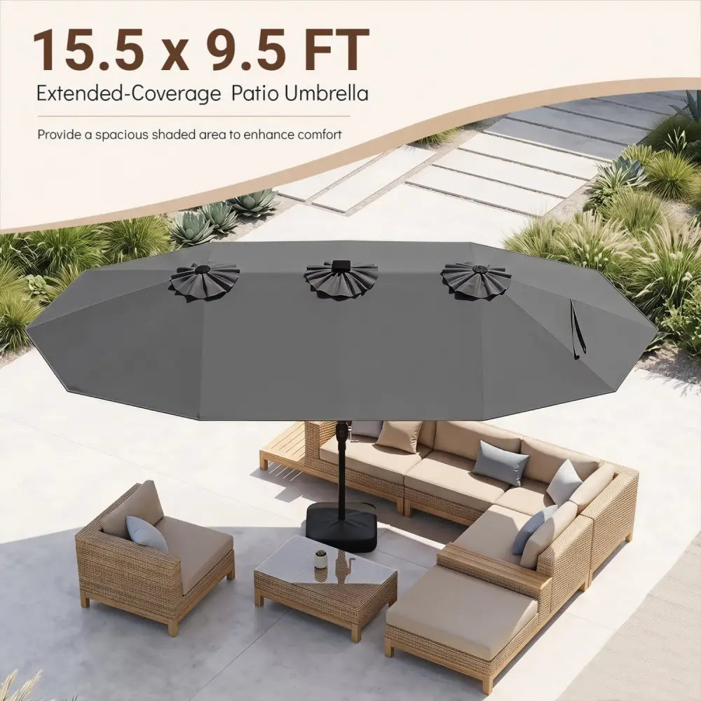 15.5FT Extra-Large Patio Umbrella with Base 12 Reinforced Ribs-Gray - Gray - Outdoor Umbrellas