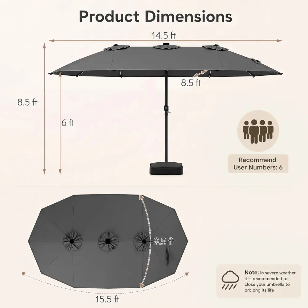 15.5FT Extra-Large Patio Umbrella with Base 12 Reinforced Ribs-Gray - Gray - Outdoor Umbrellas