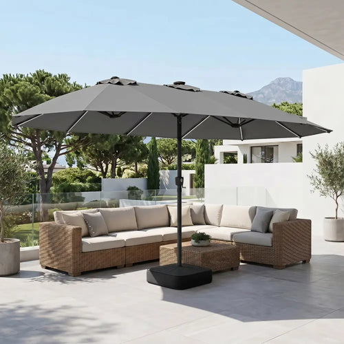 15.5FT Extra-Large Patio Umbrella with Base 12 Reinforced Ribs-Gray - Gray - Outdoor Umbrellas