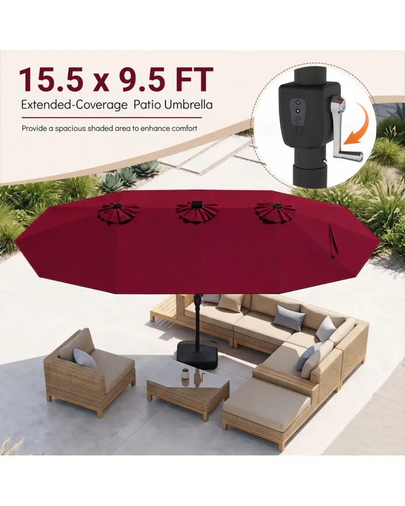 15.5FT Extra-Large Patio Umbrella with Base 12 Reinforced Ribs-Red - Red - Outdoor Umbrellas